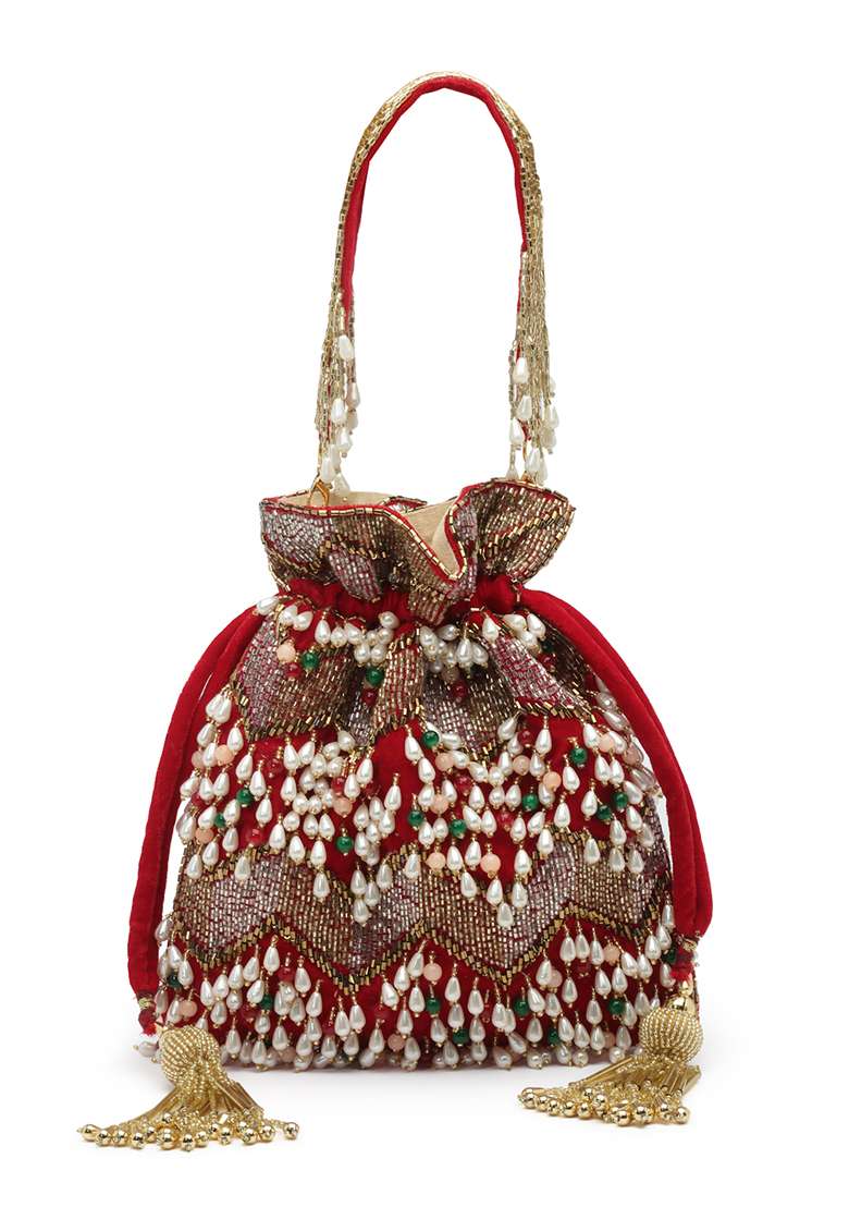 Dangle Cherry Red And Multi Embellished Velvet Potli - Indya