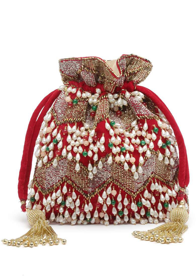 Dangle Cherry Red And Multi Embellished Velvet Potli - Indya