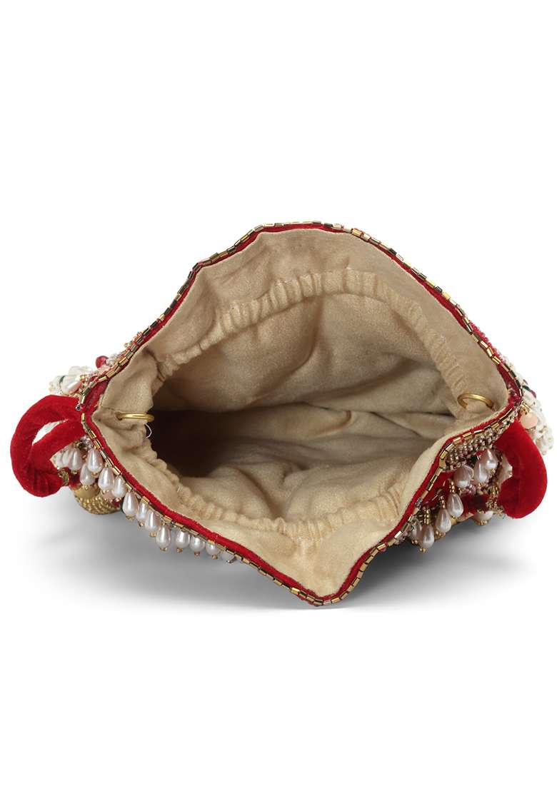 Dangle Cherry Red And Multi Embellished Velvet Potli - Indya