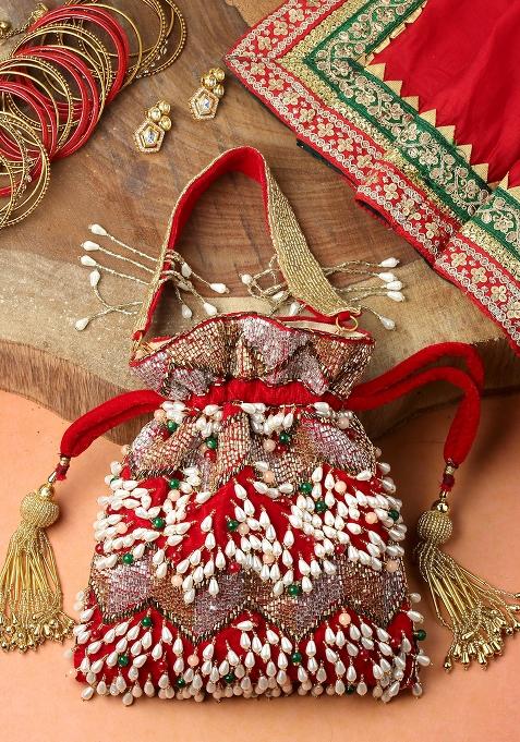 Dangle Cherry Red And Multi Embellished Velvet Potli