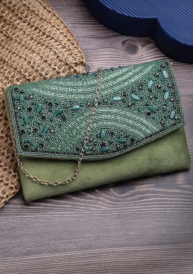 Bottle Green And Mehandi Embellished Suede Clutch - Indya