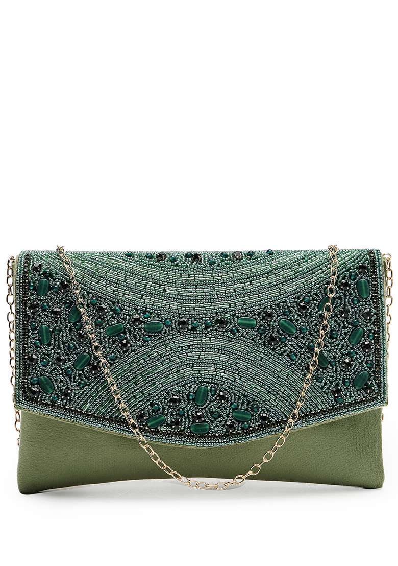 Bottle Green And Mehandi Embellished Suede Clutch - Indya
