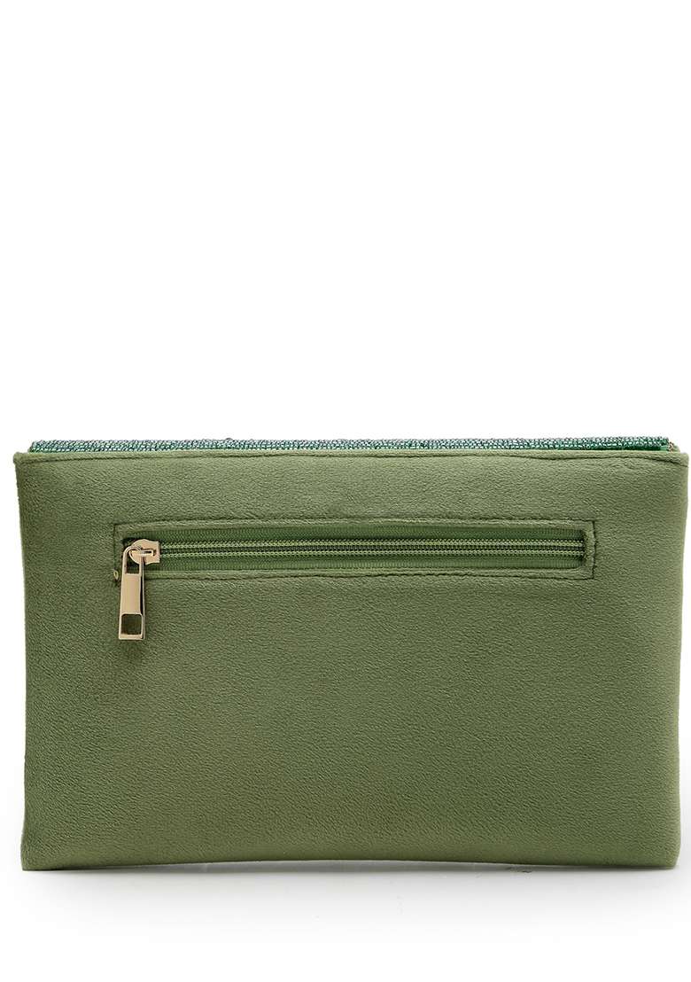 Bottle Green And Mehandi Embellished Suede Clutch - Indya