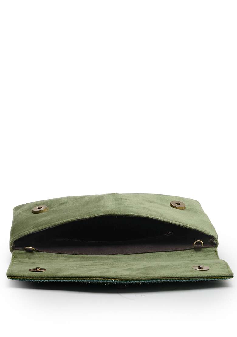 Bottle Green And Mehandi Embellished Suede Clutch - Indya