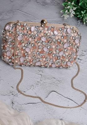 Peach And Multi Embellished Satin Clutch