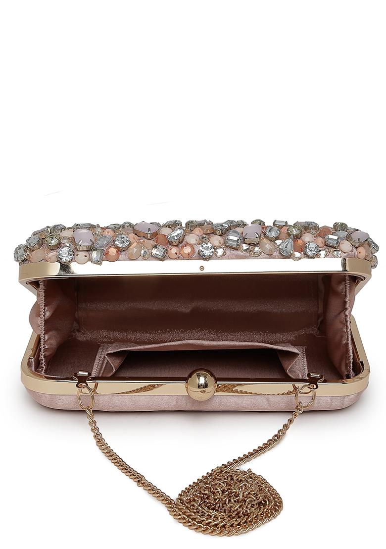 Peach And Multi Embellished Satin Clutch - Indya