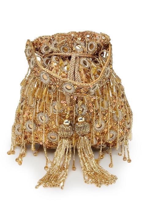 Droop Champagne Mirror Work Quirky Embellished Faux Silk Potli