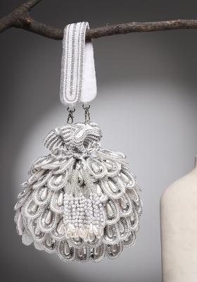 Droop White And Silver Cut Work Embellished Velvet Potli