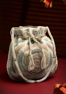 Dangle White And Pastel Multi Rose Embellished Faux Silk Potli