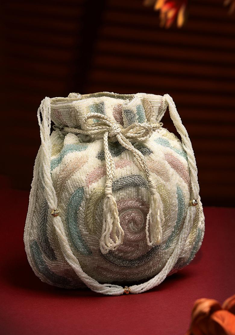 Dangle White And Pastel Multi Rose Embellished Faux Silk Potli