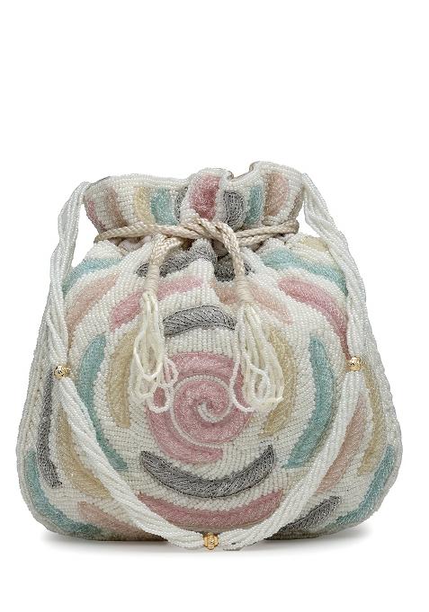 Dangle White And Pastel Multi Rose Embellished Faux Silk Potli