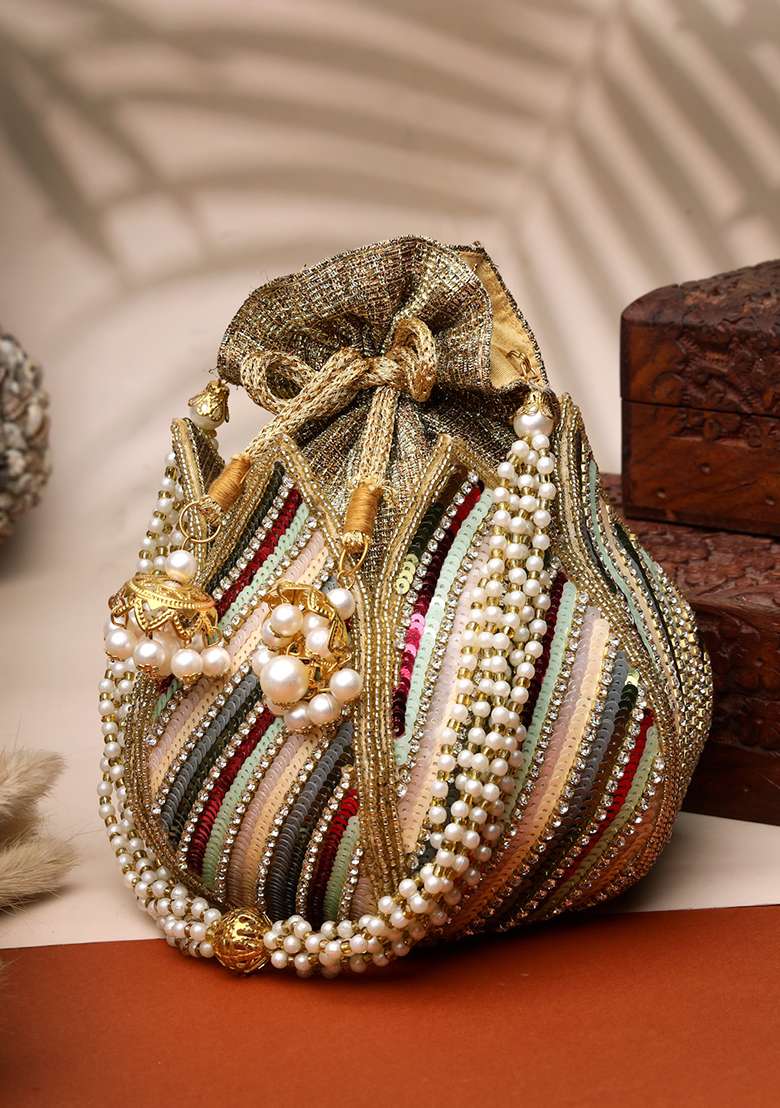 Lotus Golden And Multi Striped Embellished Faux Silk Potli - Indya