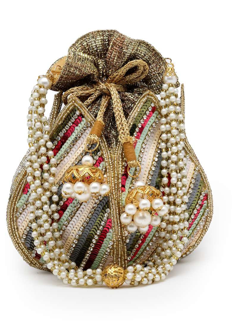 Lotus Golden And Multi Striped Embellished Faux Silk Potli - Indya