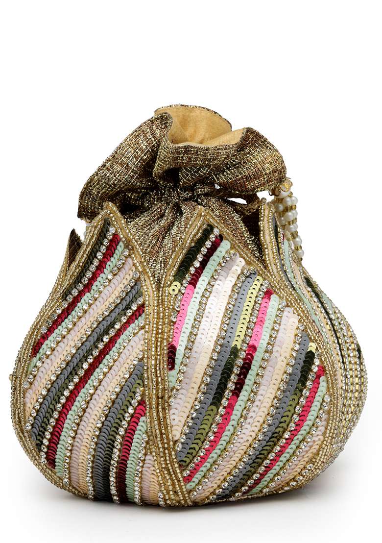 Lotus Golden And Multi Striped Embellished Faux Silk Potli - Indya