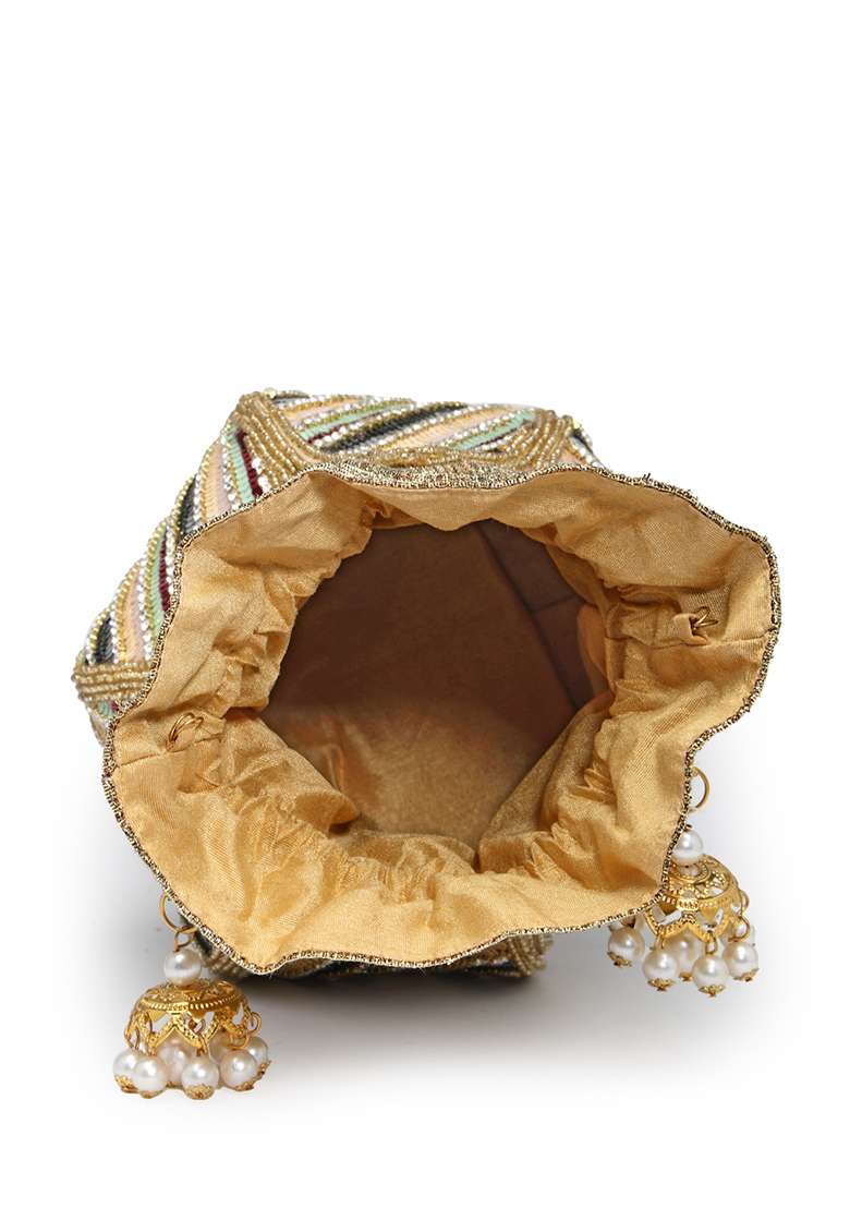 Lotus Golden And Multi Striped Embellished Faux Silk Potli - Indya