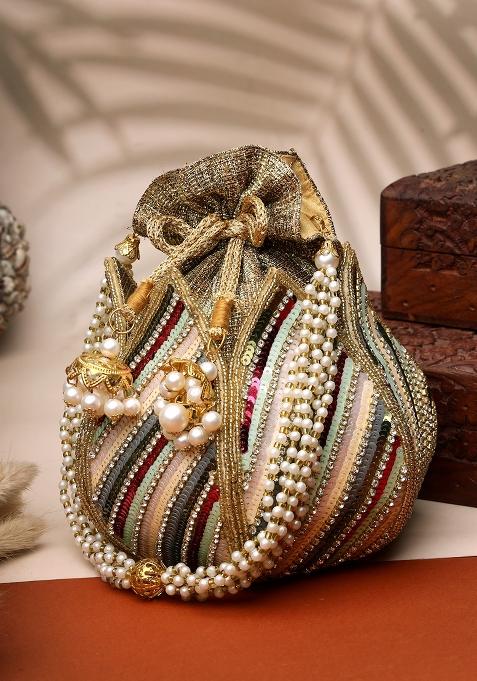 Lotus Golden And Multi Striped Embellished Faux Silk Potli