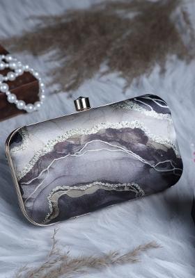 Silver Toned Grey Colourblocked Embellished Purse Clutch