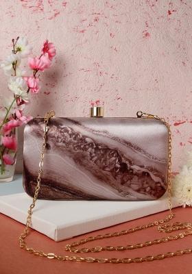 Brown Gold Toned Printed Box Clutch