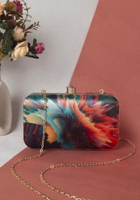 Women Teal Red Printed Fabric Box Clutch