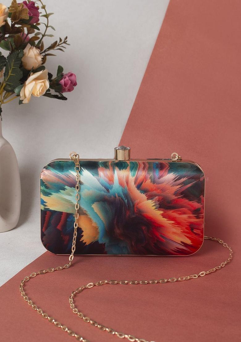 Women Teal Red Printed Fabric Box Clutch