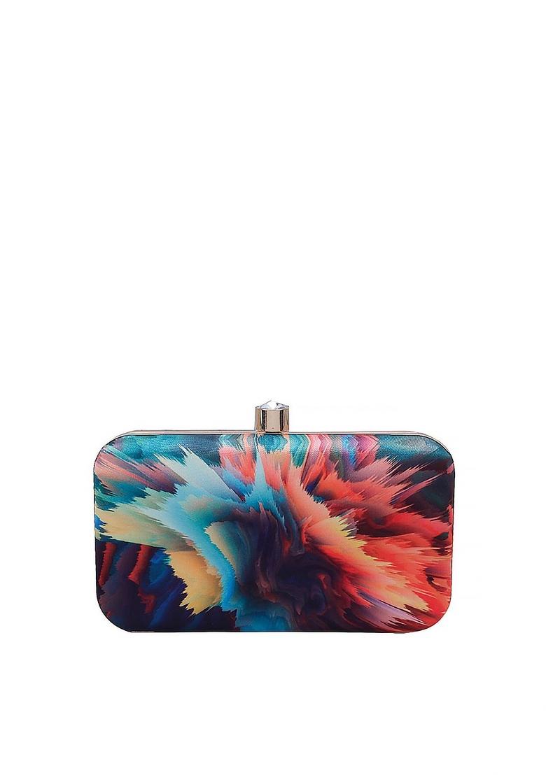 Women Teal Red Printed Fabric Box Clutch