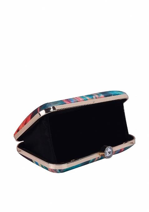 Women Teal Red Printed Fabric Box Clutch