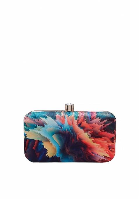 Women Teal Red Printed Fabric Box Clutch