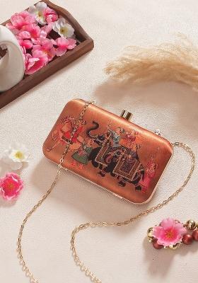 Brown Red Printed Box Clutch