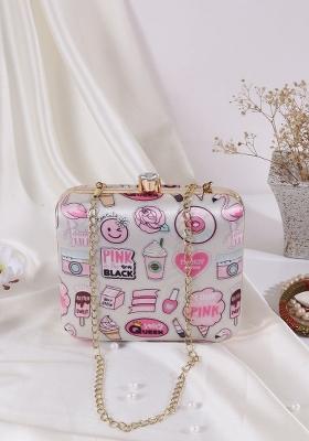 Silver Toned Pink Printed Box Clutch