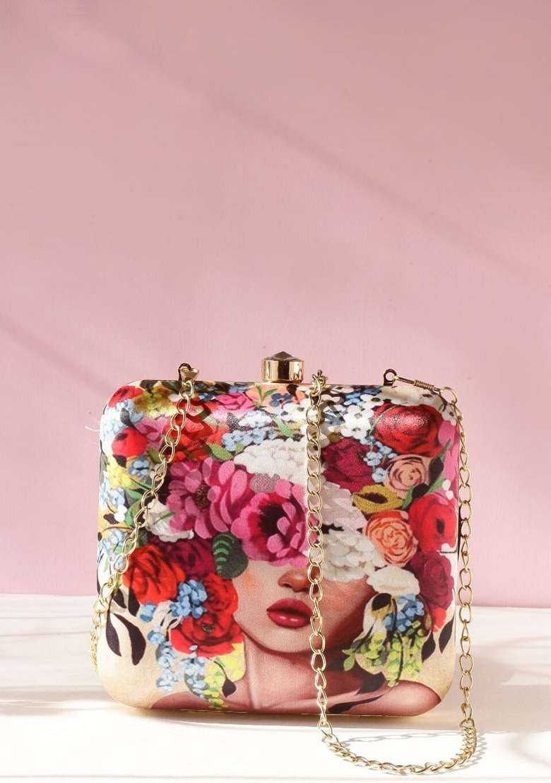 Women Gold Toned Red Printed Box Clutch - Indya