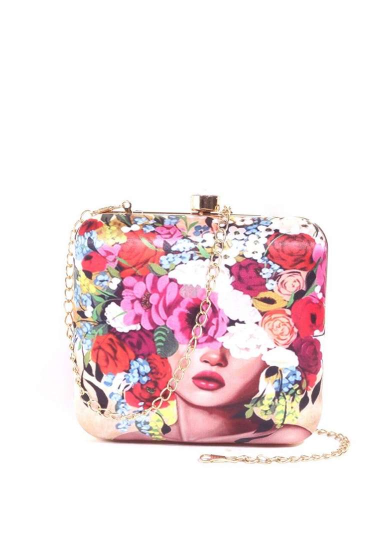 Women Gold Toned Red Printed Box Clutch - Indya