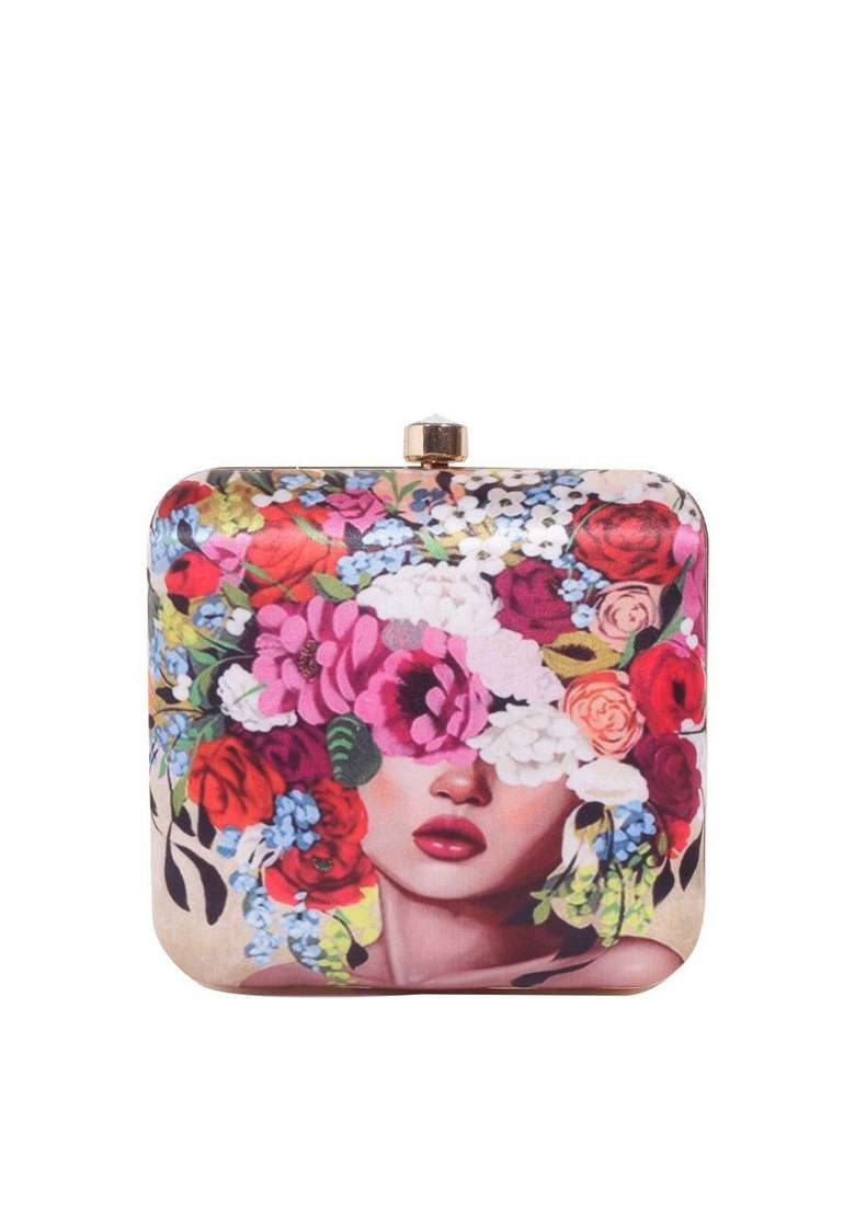 Women Gold Toned Red Printed Box Clutch - Indya