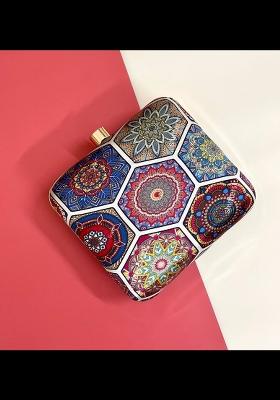 Women Blue Orange Printed Box Clutch