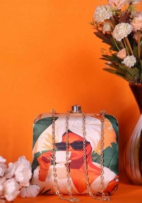 Abstract Printed Bucket Clutch With Clutch Chain
