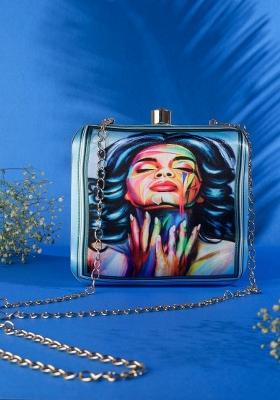 Women Blue Red Printed Box Clutch