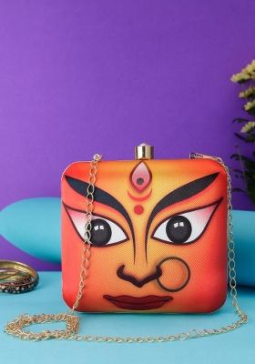 Women Orange Black Printed Box Clutch
