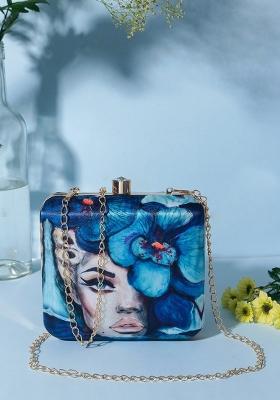 Blue Pink Printed Box Clutch With Shoulder Strap