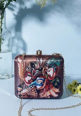 Women Maroon Pink Printed Box Clutch