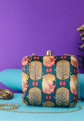 Blue Red Printed Box Clutch