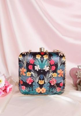 Black Gold Toned Printed Box Clutch