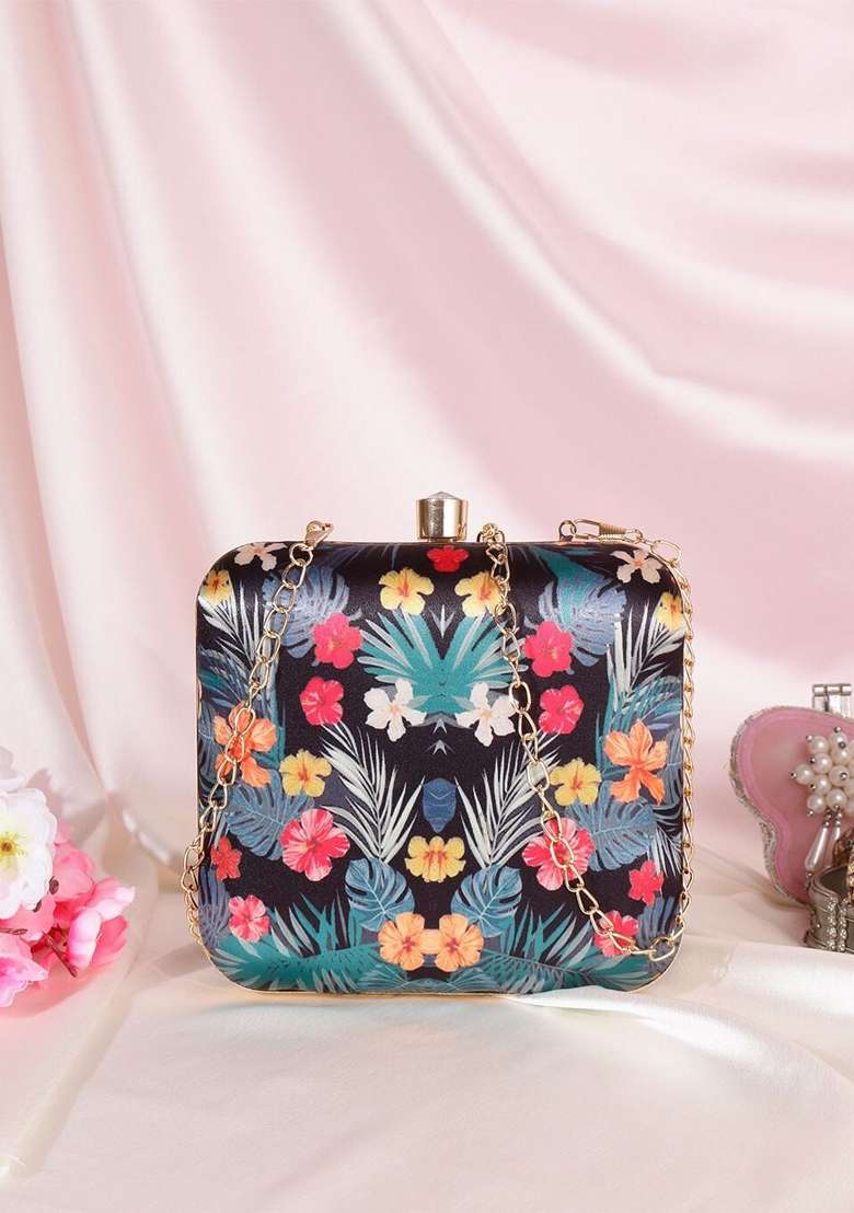 Black Gold Toned Printed Box Clutch - Indya