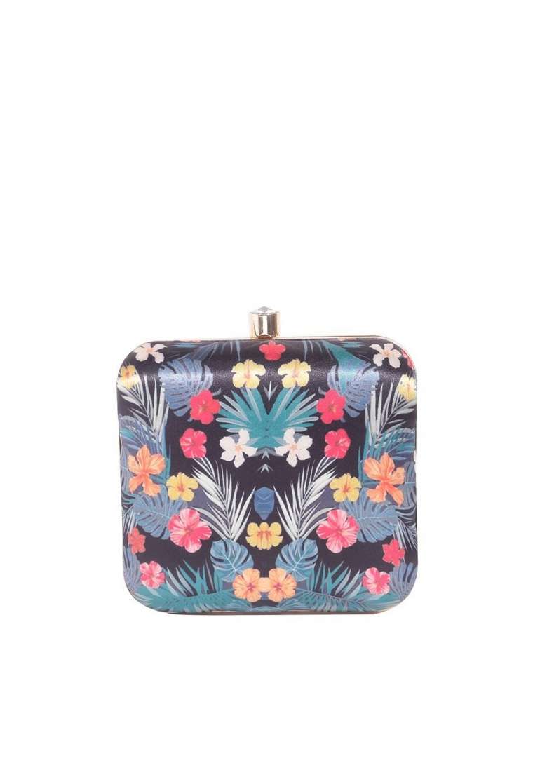 Black Gold Toned Printed Box Clutch - Indya