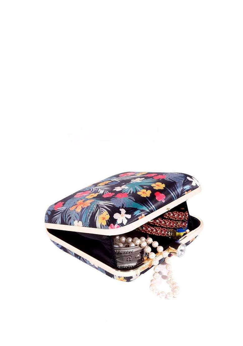 Black Gold Toned Printed Box Clutch - Indya