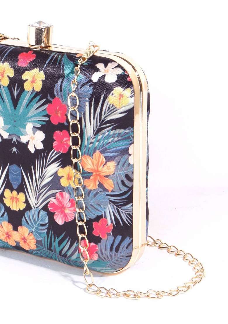 Black Gold Toned Printed Box Clutch - Indya