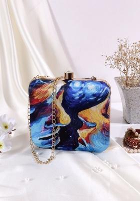 Blue Gold Toned Printed Box Clutch