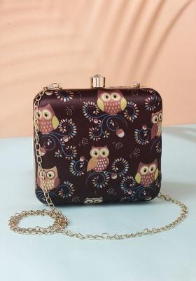 Brown Gold Toned Printed Box Clutch