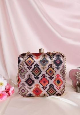 Pink Gold Toned Printed Box Clutch