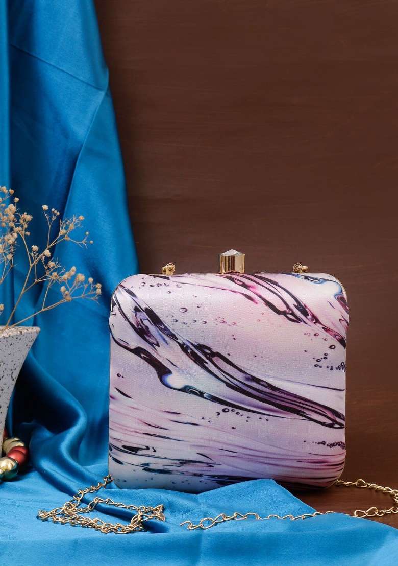 Lavender Gold Toned Printed Box Clutch - Indya