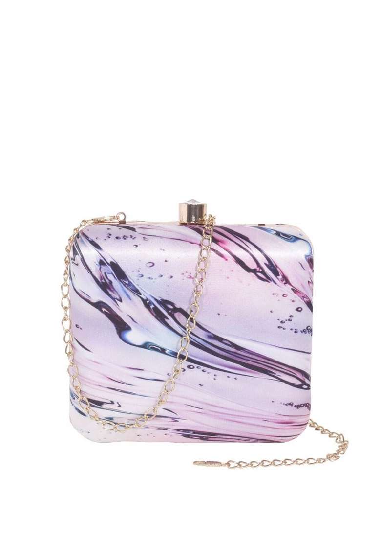 Lavender Gold Toned Printed Box Clutch - Indya