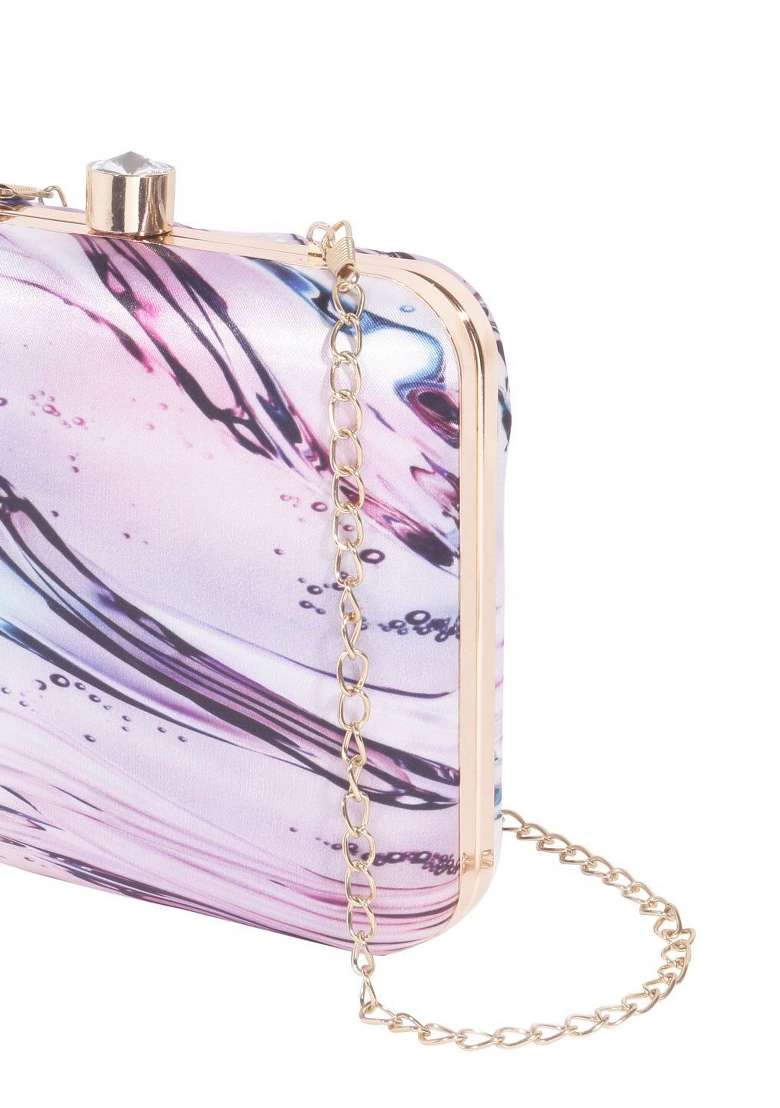Lavender Gold Toned Printed Box Clutch - Indya